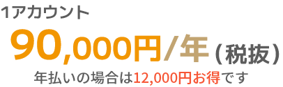 1アカウント(スタッフ数9名までの店舗) 90,000円/年(税抜) 年払いの場合は12,000円お得です。